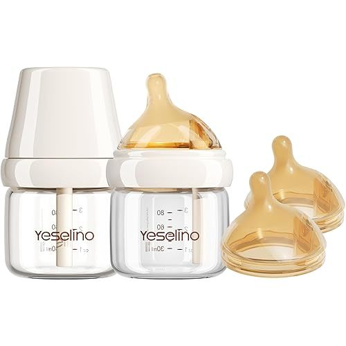 Natural Nursing Glass Baby Bottle - with Anti-Colic Vent System - BPA-Free, 3 oz with Slow Flow Nipple, 0-6 Months, 2 Pack (Includes 4pcs Nipples)