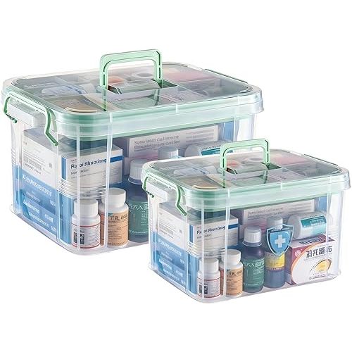UNITED FLAMES 2-Pack Clear Medicine Storage Box, First Aid Box Empty with Locking Lid & Handle, Medicine Organizer Box with Removable Tray for Home & Pet Care