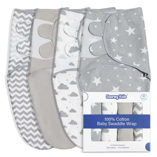 Gllquen Baby Organic Cotton Swaddle Blankets 4-Pack, Velcro Preemie Wrappers, 0-3 Months, Grey