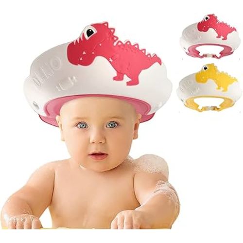 FUNUPUP 2 Pack Kids Shower Cap, Adjustable Toddler Hair Washing Bathing Cap Shield Visor Shampoo Cap Protect Baby Eyes (Dinosaur Red + Dinosaur Yellow)