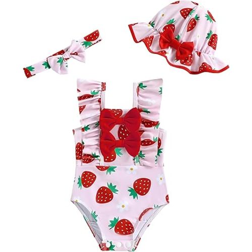 SODLON Baby Girl Swimsuit Infant Summer One-Piece Bathing Suit with Hat Ruffle Beach Tankini Bikini Toddler Swimwear
