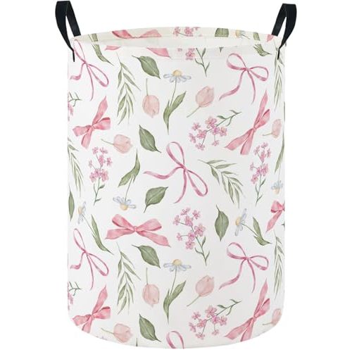 HIYAGON Baby Laundry Hamper Basket Baby Hamper for Nursery Boy and Girl Cute Kids Toys Storage Bin Organizer Boho Room Decor(Flower Bowknot)