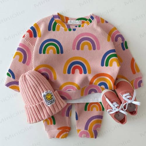 Baby Waffle Rainbow Sweatshirt 2-piece Pink Set