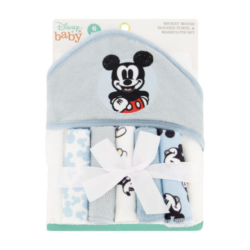 Disney Baby Mickey Mouse Hooded Towel with 5 Piece Washcloth Set, Cool Style Print, GS71795