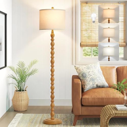62" Rustic Floor Lamp with Adjustable Color Temperatures, Retro Farmhouse Standing Lamp for Living Room, Bedroom, Corner, Dining Room - Rotary Switch Resin Floor Lamps for Home (Brown)