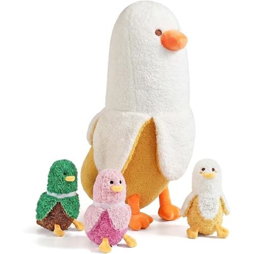 Banana Duck Plush 1 Mommy 19.7" Banana Duck Stuffed Animal with 3 Cute Babies Inside, 4 Pieces Plushies Toy Set Gifts for Girls and Boys