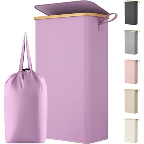Lifewit 65L Slim Laundry Hamper with Lid, Narrow Laundry Basket with Removable Bag & Bamboo Handles, Fodable Thin Dirty Clothes Hamper for Laundry Collapsible Bin for Bathroom Bedroom Dorm, Purple
