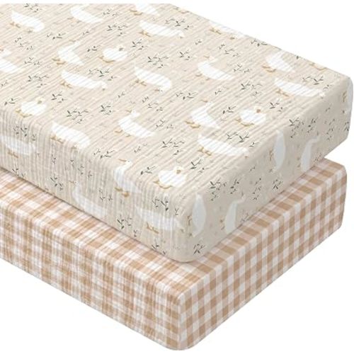 2 Pcs Muslin Silly Goose and Khaki Gingham Crib Sheets, 52"X 28"