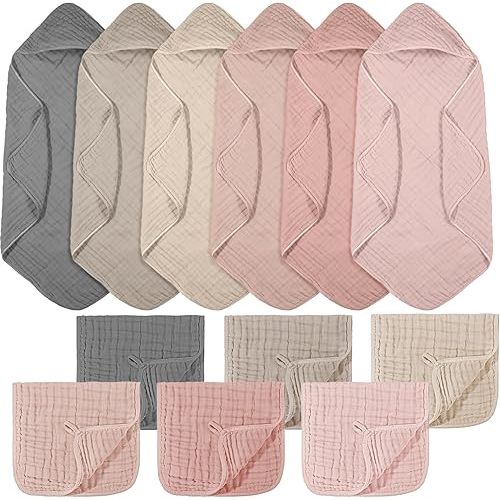 12 Pcs Baby Muslin Hooded Bath Towels and Washcloths, Muslin Hooded Baby Towels Absorbent Blankets for Gift Newborn Infant Shower (Pastel)