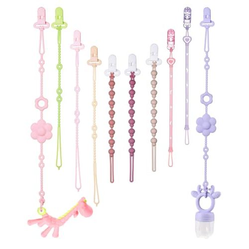 Pacifier Clip Set: 10 Pack with Locking Clips | Extra Long + Short Leashes for Baby Pacifiers Clips (Multicolor 2)