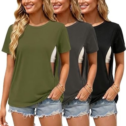 Ecavus 3 Pack Nursing Shirts for Breastfeeding, Hidden Zippers Nursing Tops