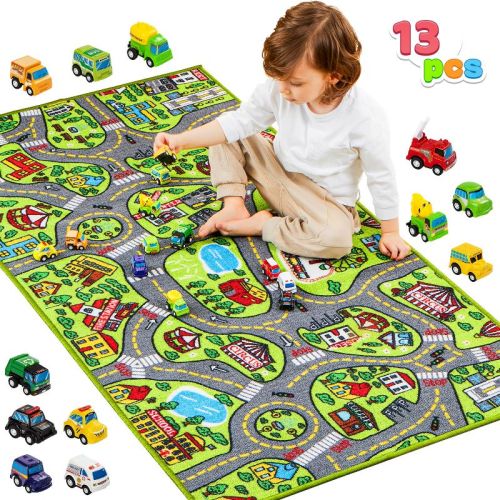 Joyfy Car Play Rug for Toddlers, City-Themed Pretend Playmat with 12 Pcs Pull-Back Vehicle Set for Kids Indoor Play, Fun Activities and Birthday Gift