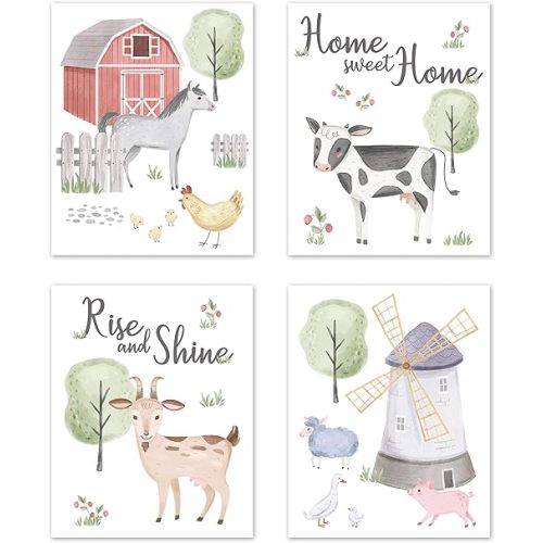 Sweet Jojo Designs Farm Animals Wall Art Prints Room Decor for Baby, Nursery, and Kids - Set of 4 - Watercolor Farmhouse Horse Cow Sheep Pig Home Sweet Home