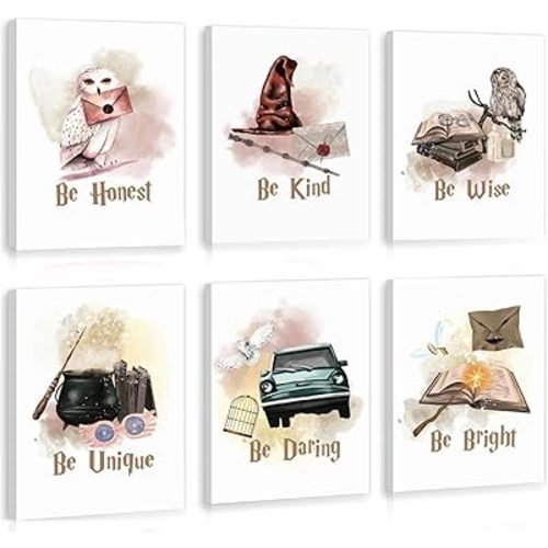 6pcs Framed Vintage Magical Wizard Girls Room Wall Art Pritns,Watercolor Wizard Owl Magic Book Magic Hat Witchy Book Castle Train Art Posters,for Baby Room Decor Nursery Decor Kids Bedroom Decor Home Decoration,8"x10"inch.