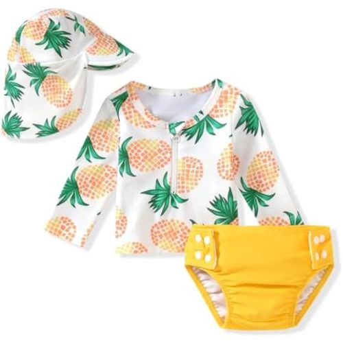 HINTINA Newborn Baby Girl Long Sleeve 2-Pieces Swimsuit Bathing Suit with Hat