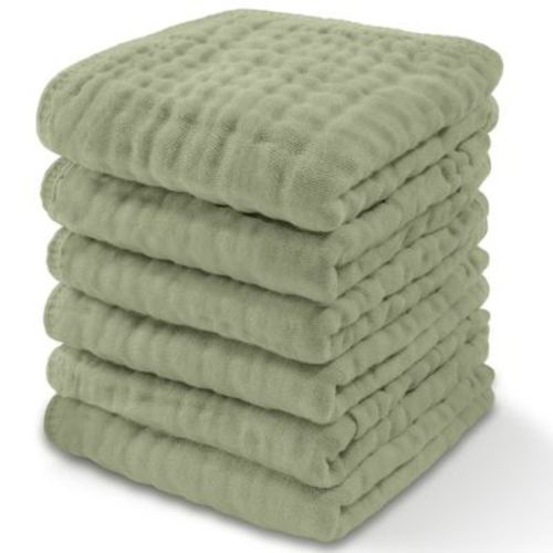 Baby Washcloths Muslin Cotton, Large 10”x10” by Comfy Cubs (Kelp, Pack of 6)