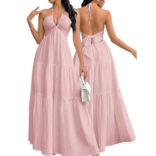 Narecte Women's Maxi Summer Dresses Halter V Neck Beach Dresses for Women A-Line Casual Dress for Vacation