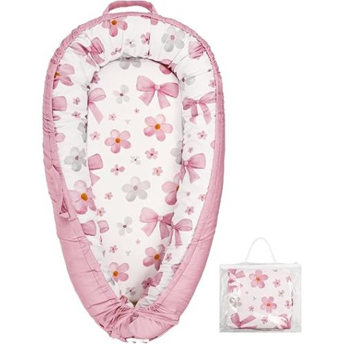 Hooyax Baby Lounger for Newborn 0-24 Months, Portable Infant Lounger with Adjustable Ties, Soft Breathable Cotton Baby Nest Lounger, Removable Washable Cover for Tummy Time & Play(Bow Flower)