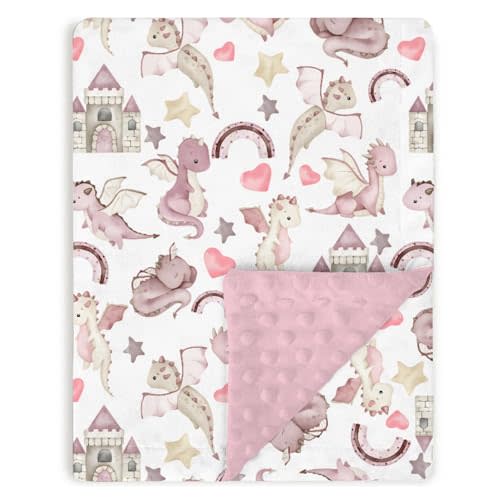 Tewrnvioc Flying Dragon Castle Baby Blankets for Girls 30" x 40", Pink Whimsical Soft Double Layer Minky Blanket with Dotted Fleece Back, Nursery Bed Receiving Quilt Newborn Infant Toddler Shower Gift