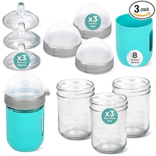 Mason Bottle 8oz Baby Glass Bottle Gift Set 3-Pack Complete Baby Bottle Kit | 3x Anti-Colic 8oz Glass Bottles, Slow Flow Nipples & Caps+Rings, 1x Silicone Sleeve, BPA-Free, Non-Toxic, Breastmilk Bottles