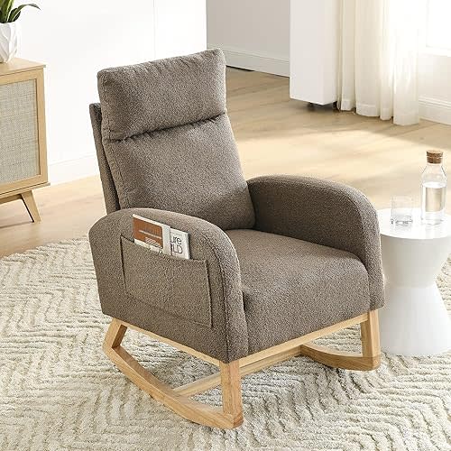 Nursery Rocking Chair with Solid Wood Legs, Glider Chair for Nursery with Two Side Pockets, Rocker Armchair for Living Room Bedroom (Coffee, Teddy Fabric)