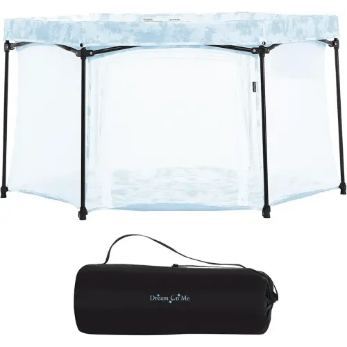 Dream On Me Onyx Baby Playpen, Zipper Access Door, Breathable Mesh Sides, Soft Comfortable Mattress Padded Floor, Easy Fold Design with Travel Carry Bag, Compact Easy to Fold Design - Sky Blue