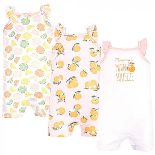 Hudson Baby Infant Girl Cotton Rompers, Citrus Orange, 0-3 Months
