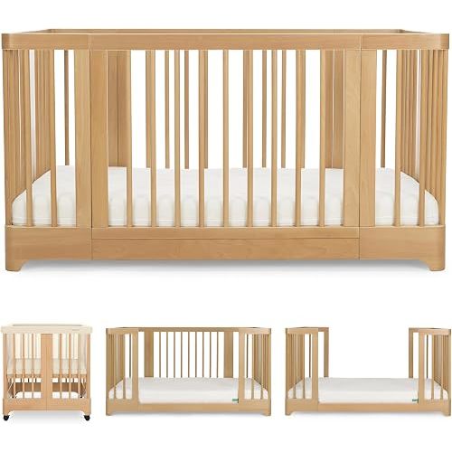 Newton Nest Convertible Crib for Baby and Toddler, Converts from Bassinet to Crib to Toddler Bed, Greenguard Gold, Solid Beech Wood Non-Toxic Finish - Natural, Sandstone Liner
