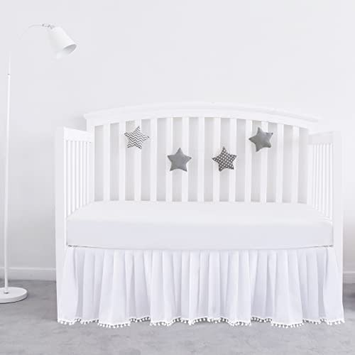 Crib Bed Skirt White for Girls Boys Pleated with Tassel Pompoms Dust Ruffled 14" Drop, Fit All Standard Crib Toddler Bed Skin-Friendly & Soft Machine Washable Nursery Bedding Skirts