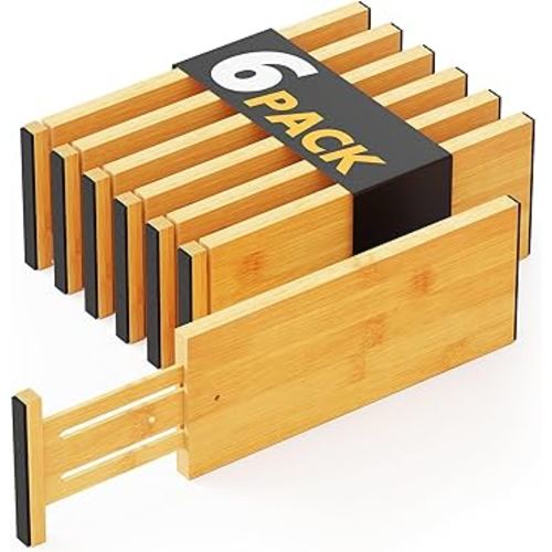SpaceAid Bamboo Dresser Drawer Dividers 6 Pack, 4.65“ High Adjustable 12.5“-17” Drawer Organizers, Expandable Organization for Clothing, Clothes, Dressers, Natural