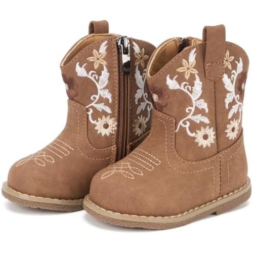 Newsonet Baby Cowboy Cowgirl Boots Infant Western Boots Toddler Boys Girls Round Toe Riding Mid Calf Boots All Seasons for 6 9 12 18 24 Months
