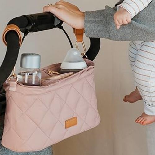Beautiful Stroller Caddy Organizer With 2 Cup Holders – Luxury Stroller Bag, Universal Fit, Leather Straps & Zipper Pocket – Spacious Accessories Perfectly Fits Doona, Nuna & Uppababy Strollers