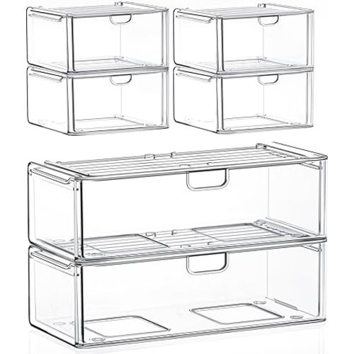 Acrylic Storage Drawers Set of 6, Clear Makeup Organizer, Plastic Organizer Bins for Beauty Supplies,Ideal for Vanity, Bathroom,Cabinet,Pantry Organization