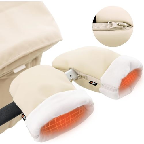 Baby Uma Stroller Gloves Hand Muff - Supersoft Fleece-Lined Faux-Leather Stroller Mittens, Water-Resistant & Universal with Side Zippers (Beige)
