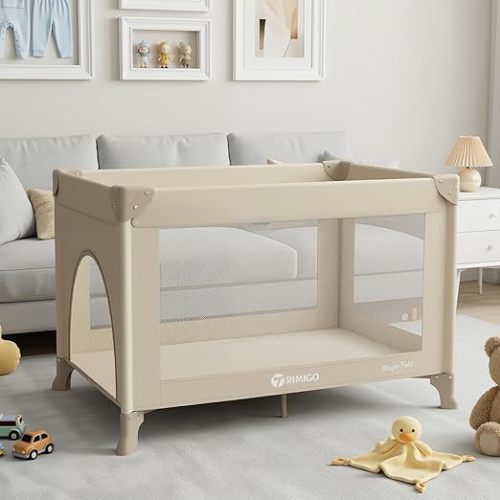 Portable Travel Crib & Playpen - Baby Safe Folding Travel Bed w/Mattress, Breathable Mesh | Compact Lightweight Baby Bed | Pack and Play for Babies & Toddlers (Khaki)