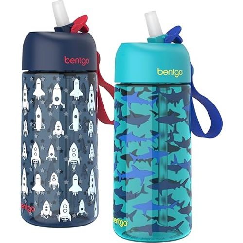 Bentgo Kids Water Bottle 2-Pack - Leak-Proof Durable Tritan BPA-Free 15 oz Cup for Kids/Toddlers Ages 3+; Bite & Sip Spout + Dishwasher Safe for School/Sports/Daycare/Camp (Rocket/Shark)