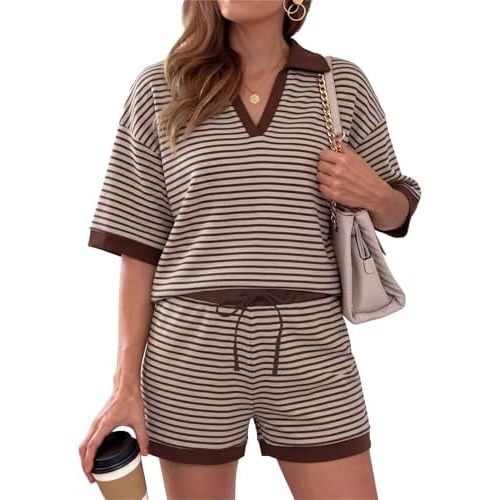 2 Piece Sets for Women Summer Outfits Waffle Stripe Knit Short Sleeve Matching Lounge Set with Pockets