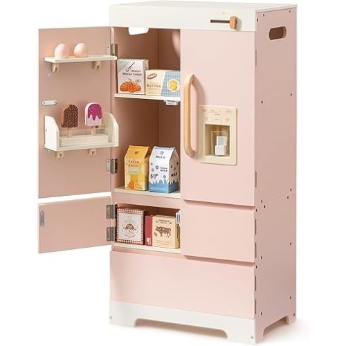 ROBOTIME Wooden Play Kitchen Fridge, Toddler Kitchen Refrigerator, Kids Refrigerator for Play Kitchen, Toy Fridge for Boys and Girls Ages 3+