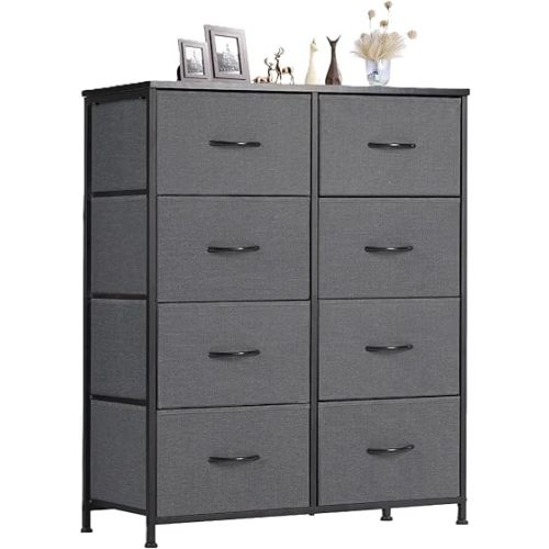 Sweetcrispy Dresser for Bedroom, Fabric Dresser with 8 Drawers, Tall Double Dresser, Chest of Drawers for Closet, Living Room, Sturdy Steel Frame, Wooden Top, Easy Pull Handle, Grey