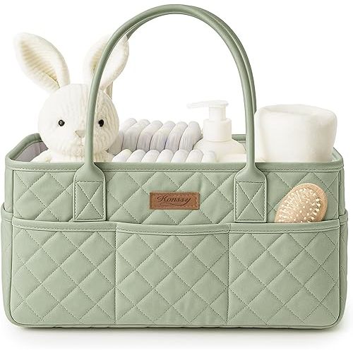 Konssy Quilted Diaper Caddy Organizer, Diaper Caddy Basket with Vegan Leather Handles, Water-Repellent Nursery Storage Basket, Portable Car Organizer, Registry Search Must Haves (Fog Green)