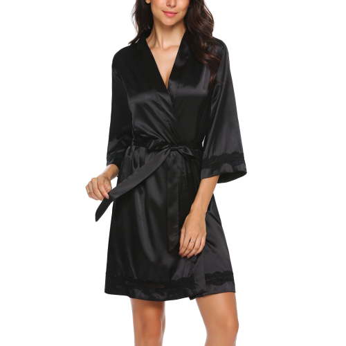 Oudiya Women's Lace-Trim Silk Robes Bride Bridesmaid Kimono Satin Bathrobe V Neck Sleepwear with 3/4 Sleeve