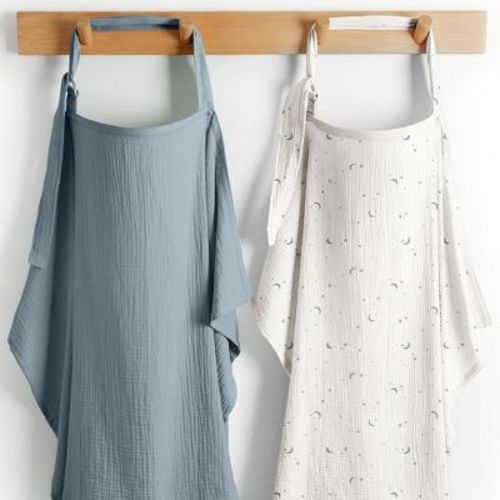 Comfy Cubs Muslin Nursing Cover, Pack of 2 - 100% Cotton Adjustable Neck Strap with Privacy Coverage - Star Pattern and Pacific Blue