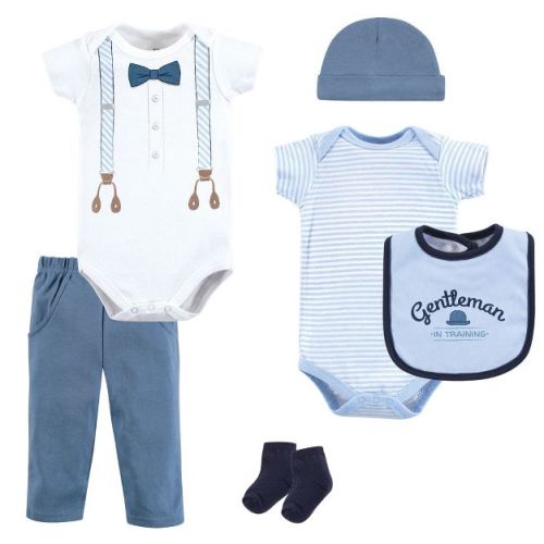 Little Treasure Baby Boys Layette 6-Piece Set, Light Blue Suspenders, 6-9 Months
