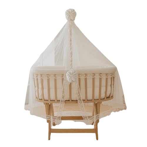 Wooden Child Lounger with Canopy, Natural Beech Rocking Stand with Lockable Function, Includes Cotton Fabric Accessories & Mosquito Net, Nursery Furniture for Infant Use