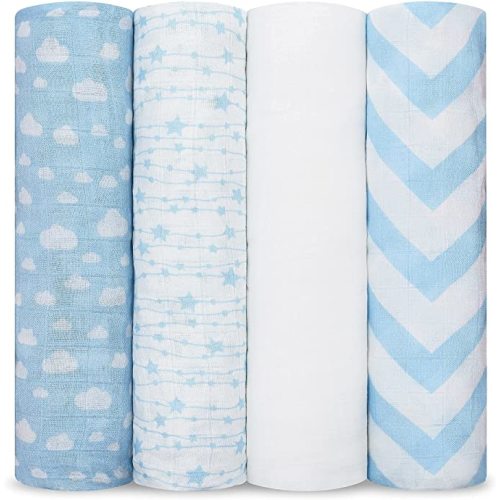 Comfy Cubs Muslin Swaddle Blankets Pack of 4, 47 x 47 Inches, Soft Cotton Baby Blanket Set, Large Multipurpose Swaddling Wraps for Newborns - Self-Soothing Swaddle - Blue