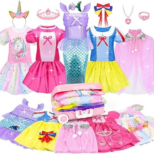 15 Pcs Princess Dress Up Clothes for Little Girl Role Play Costume Gift Set, Princess Mermaid Pretent Play Outfit Toys for Toddler Girls, Cosplay Birthday Party Gifts for Girls Age 3 4 5 6 7+ Year Old