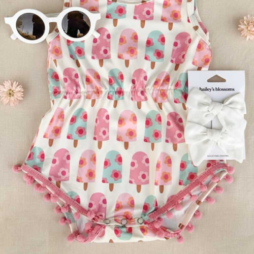 Dillon Pom Pom Romper - Floral Pop – Bailey's Blossoms
