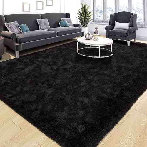 Tepook Super Soft Fluffy Rug for Bedroom, Modern Shaggy Fuzzy Kids Rugs for Living Room, Plush Indoor Nursery Home Decor Dorm Carpet with Non-Slip Bottom, Black, 5 X 8 Feet