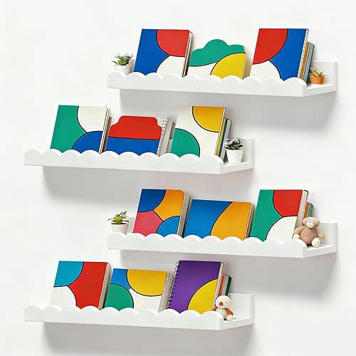 Nursery Book Shelves, Set of 4 Floating Book Shelves, Scalloped Wall Bookshelf for Bedroom, White Decor for Nursery, Baby, Toddler Room
