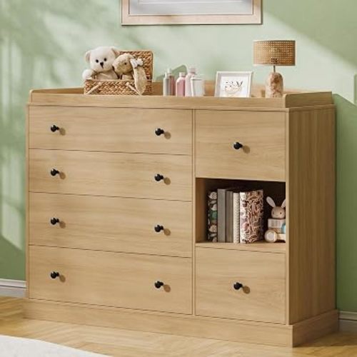 Halitaa Kids Dresser Cabinet with 6 Drawers, Changing Table for Nursery with Shelf, Multi-Functional Chest of Drawers, Kids Bedroom Furniture, Nightstand for Children's Room, Oak